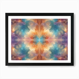 An Abstract Design With Swirling Colors In Shades Of Orange, Blue, Purple And Teal, Creating A Mesmerizing, Flower Like Pattern, With A Symmetrical, Repeating Structure Art Print