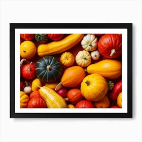 A Digitally Rendered Closeup Of An October Harvest Bursting With Multicolored Autumnal Squash Inclu Art Print