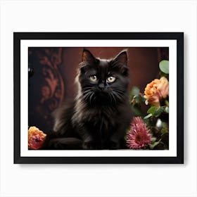 Cute Black Cat And Flowers 05 Art Print