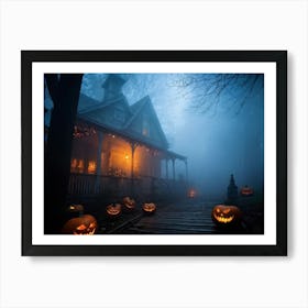 Fog Holiday Greeting Scarey Evil Dark Ominous Leaf Stripes Haunting Wood Carving Flames (33) Art Print