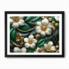 Luxury Floral Seamless with Flowers Elegant Leather Texture Illustration Background in Golden, Green, White 1 Art Print