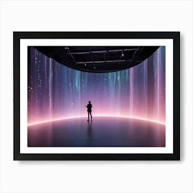 A Woman Stands In A Large, Circular Gallery Space With A Curved Screen Displaying A Dynamic, Abstract Image Of Glowing Lines And Data Art Print