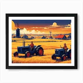 Two Farmers Driving Blue Tractors Across A Golden Wheat Field At Sunset, With Windmills And A Village In The Background Art Print