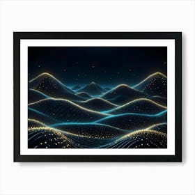 Abstract, Digital Landscape Of Glowing, Blue Hills With Golden Particles, Evoking A Sense Of Energy And Connection Art Print