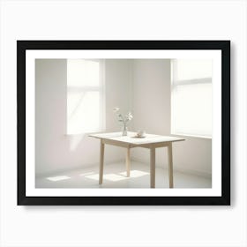 A Minimalist Image Of A White Table With A Vase Of White Flowers And A Cup And Saucer, Set Against A White Wall With Two Windows, Representing A Clean And Simple Interior Design Scene Art Print