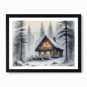 Loghouse In Winter Forest Art Print