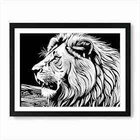 Lion Linocut Sketch Black And White art, animal art, 155 Art Print