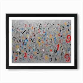 Abstract Background With A Chaotic Arrangement Of Handwritten Numbers, Letters, And Symbols On A Gray Background Art Print