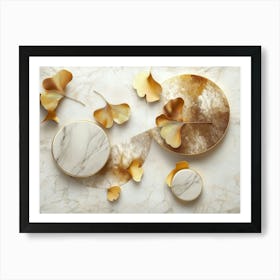 3d Geometric Circles and Marble Shapes in Gold White and Brown Accented Poster