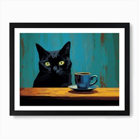 Black Cat With Cup Of Coffee Art Print