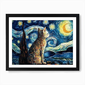 Cat Starry Night Impressionism Art Print