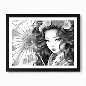 Anime Style Geisha Black And White 1 Art Print