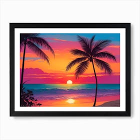 A Tranquil Beach At Sunset Horizontal Illustration 51 Art Print