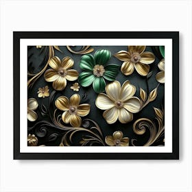 Luxury Floral Seamless with Flowers Elegant Leather Texture Illustration Background in Golden, Green, White Art Print