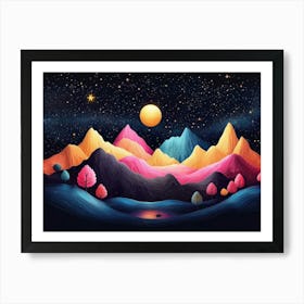 3d Modern Night Landscape, Colorful Mountains, Trees, Dark Black Background with Stars and Moon Art Print