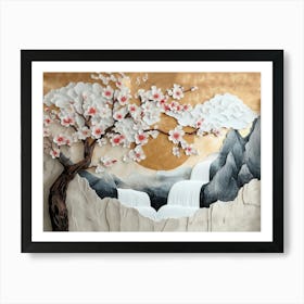 3d Luxury Artwork with A Golden Japanese Landscape and Cherry Blossoms, Sakura, White Waterfall Art Print