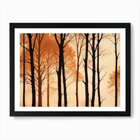 A Minimalist Image Of A Row Of Tree Trunks Silhouetted Against A Misty Orange Sky, Representing A Peaceful And Serene Scene Art Print