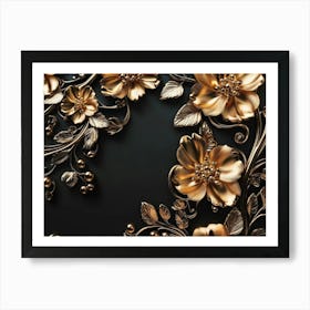 3d Illustration Background with Golden Jewelry and Flowers 2 Art Print