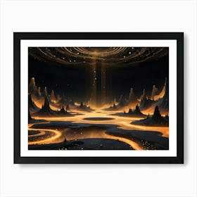 Abstract Landscape, With Dark Mountains And Glowing Paths Forming A River That Flows Out Into A Circle Of Glowing Stars In The Night Sky Art Print