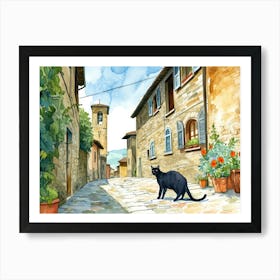 Black Cat In Arezzo, Italy, Street Art Watercolour Painting 4 Art Print