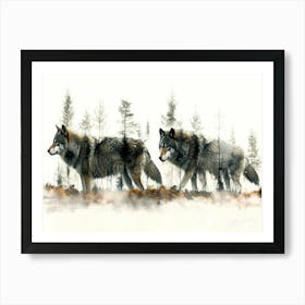 Grey Wolf - 2 Wolves In Woods Art Print