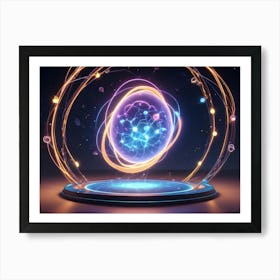 Abstract Image Of A Glowing, Blue Sphere With A Network Of Lines, Surrounded By A Ring Of Light And Other Glowing Orbs, Representing A Technological Or Scientific Concept Art Print