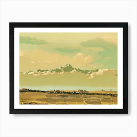 Mountain View Over Langhe Landscape. A serene view of Langhe, Italy, with rolling hills and charming villages in the foreground, set against the stunning backdrop of the snow-capped Alps under a soft, pastel sky. This scene captures the peaceful beauty of the Langhe region, highlighting its harmonious blend of agriculture, historical architecture, and natural grandeur. 1 Art Print