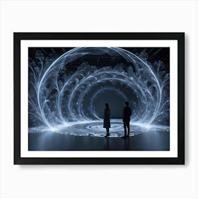 Two Figures Stand In An Illuminated Space, Gazing At A Swirling, Glowing, Ethereal Installation Resembling A Portal Or Gateway Art Print