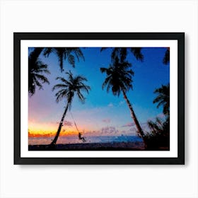 Beach, Sunset, Palm, Oil Painting Art Print