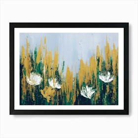 White Flowers Abstract Painting Golden Brushstrokes Art Print