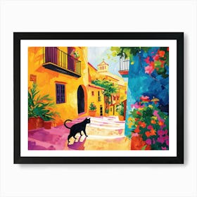 Malaga, Spain   Cat In Street Art Watercolour Painting 2 Art Print