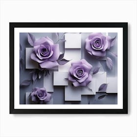 3d Flowers Art With Purple Rose Flowers With Squares Art Print