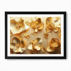 Golden Floral Background, Gold Flowers, 4k Abstract Vintage Flower Design, Art, Gold Luxury, Luxurious Nature Art Print