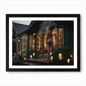 Lovely Lady Standing In Front Of House At Christmas Art Print