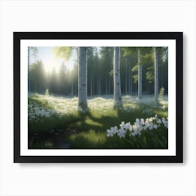 White Birch Standing In The Forest And The Meadow Below Art Print