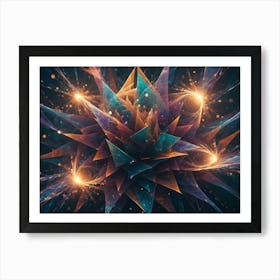 Abstract Fractal Art Featuring Sharp, Geometric Shapes In Shades Of Blue, Orange, And Purple, With Glowing Lines And Bursts Of Light Art Print