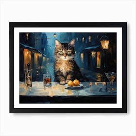 Cat And Cafe Terrace At Night Van Gogh Inspired 10 Art Print