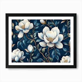 Luxurious Dark Blue Watercolor Artwork Features Exotic Magnolia Flowers In A Seamless, Baroqueinspired 3d Floral Art Print