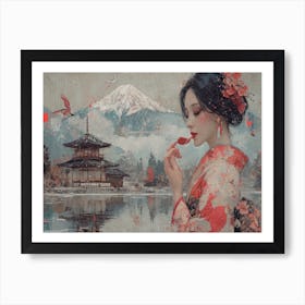 Geisha Grace: Elegance in Burgundy and Grey. Japanese Woman Art Print