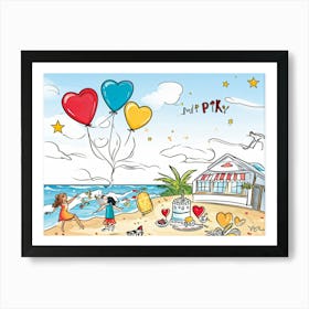 An Illustrated Idea Of A Birthday Party On The Beach Cartoon Valentine Balloons Hand Drawn Vector 2 1 Art Print