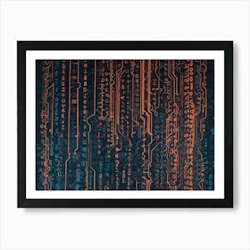 Abstract Digital Pattern Featuring A Mix Of Lines, Shapes, And Symbols In Vibrant Orange, Blue, And White Art Print