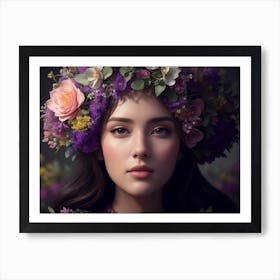 Girl Wearing A Floral Crown On Her Head Art Print