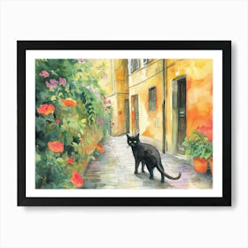 Black Cat In Milano, Italy, Street Art Watercolour Painting 3 Art Print