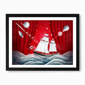 Hand Drawn Brush Style Painting Of A Boat Sailing On An Abstract Sea Symbolizing Artificial Intellig Art Print