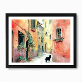 Black Cat In Perugia, Italy, Street Art Watercolour Painting 3 Art Print