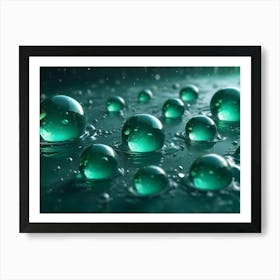 Numerous Emerald Green Water Drops, Some Forming Perfect Spheres, Sit On A Reflective Surface With Smaller Droplets Raining Down Art Print