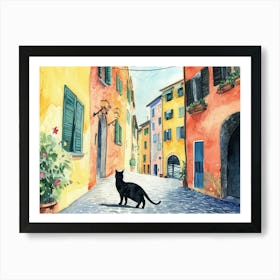 Black Cat In Rimini, Italy, Street Art Watercolour Painting 4 Art Print