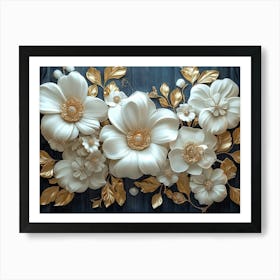 3d Artwork Illustration with A White and Blue Background Adorned with Golden Jewelry and Flowers Art Print