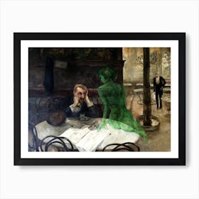 The Absinthe Drinker by Viktor Olivia 1901 - Parisian Cafe Vintage Victorian Famous Green Fairy Witch Sat by Man Drinking - Trippy Witchy Psychedelic Visions Funny Remastered High Definition Immaculate Art Print