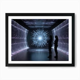 Two Silhouetted Figures Stand Within A Futuristic, Dark Room Illuminated By Glowing, Circular Digital Displays Showing Abstract Patterns Art Print